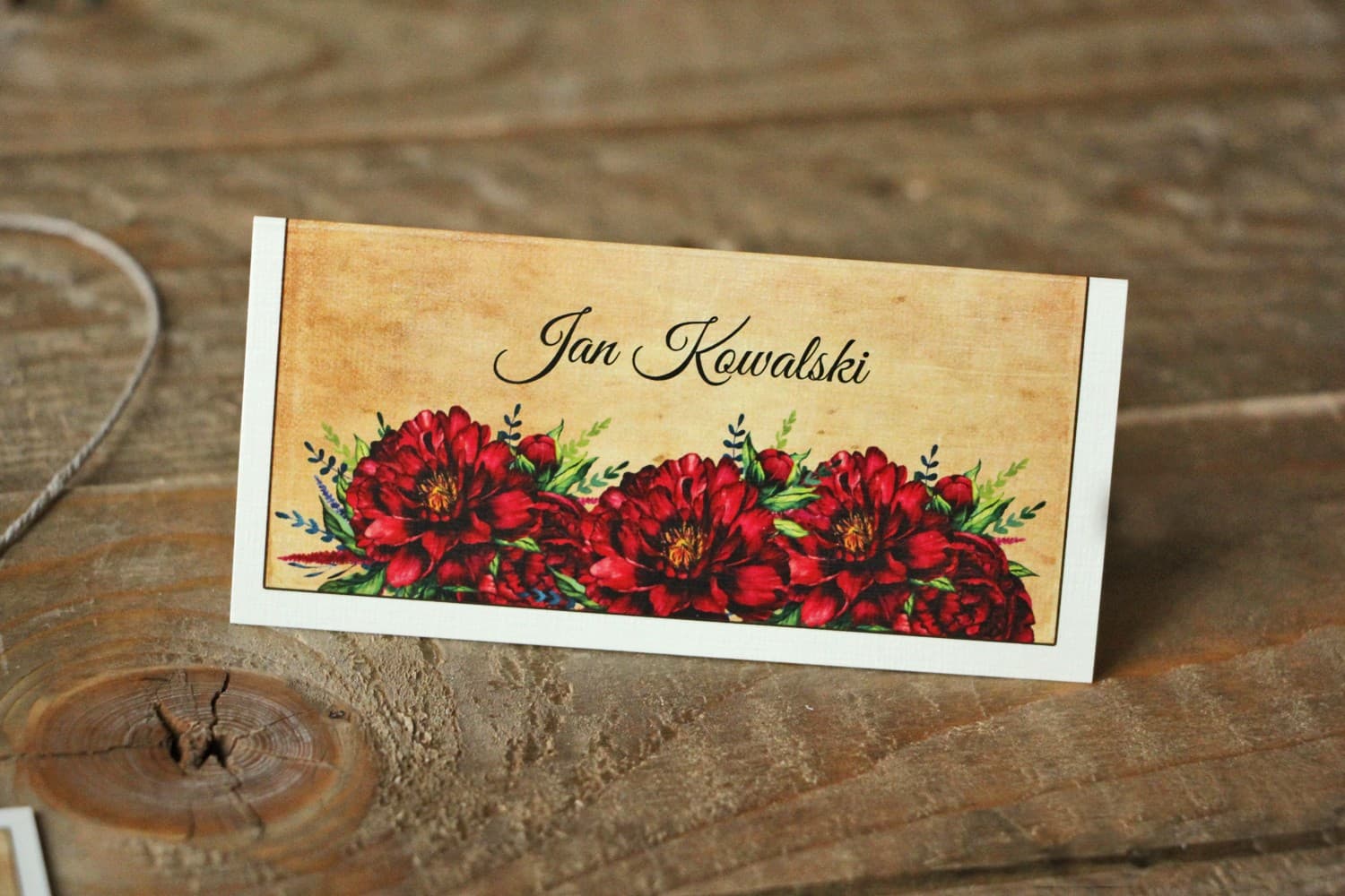 Caramel No. 6 Wedding Place Cards – Rustic Name Cards with Burgundy Peony Motif