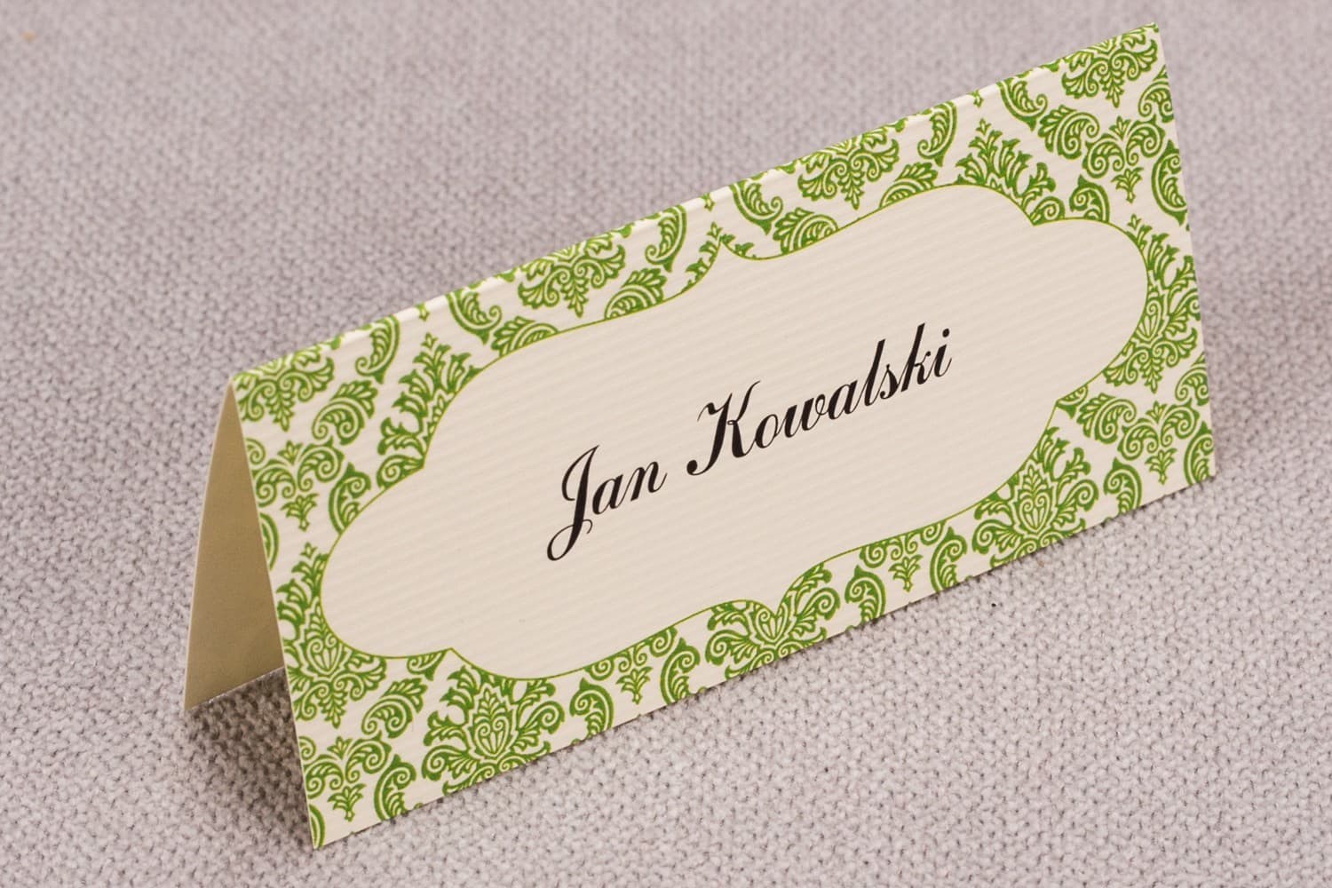 Madras No. 3 Wedding Place Cards – Table Name Cards with Boho Green Ornaments