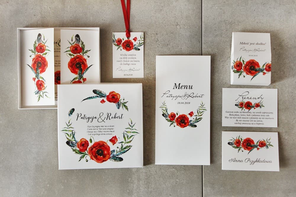 Wedding Stationery Sample Set with Poppies and Feathers, Place Card, Menu | Wedding Invitation Samples | Pistachio No. 19