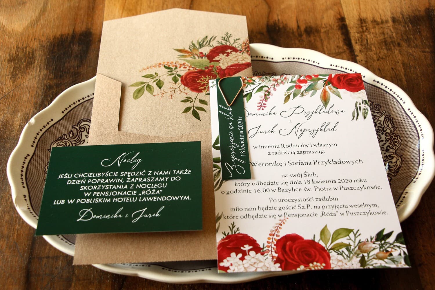 Winter Wedding Invitation with Red Rose and Gold Clip – Delize No. 2