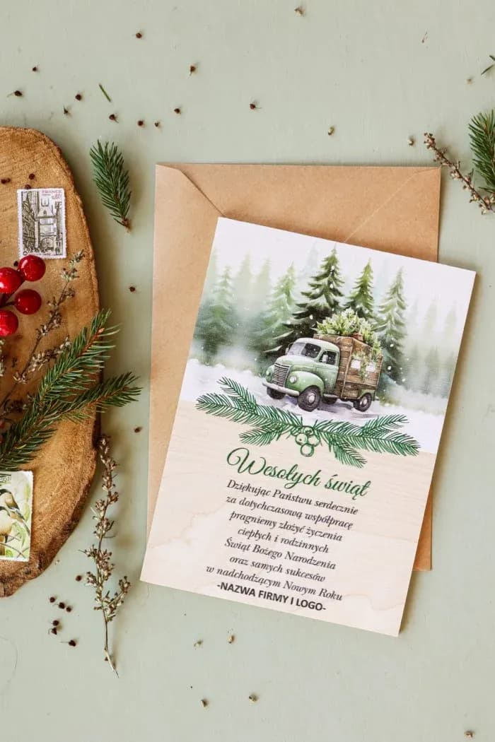 Wooden Corporate Christmas Cards with Truck | Logistics & Transport Holiday Cards with Logo | DR26