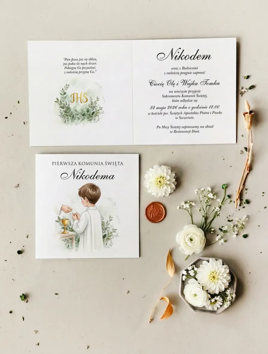 Zaproszenia komunijne z ilustracją dziecka przyjmującego Komunię