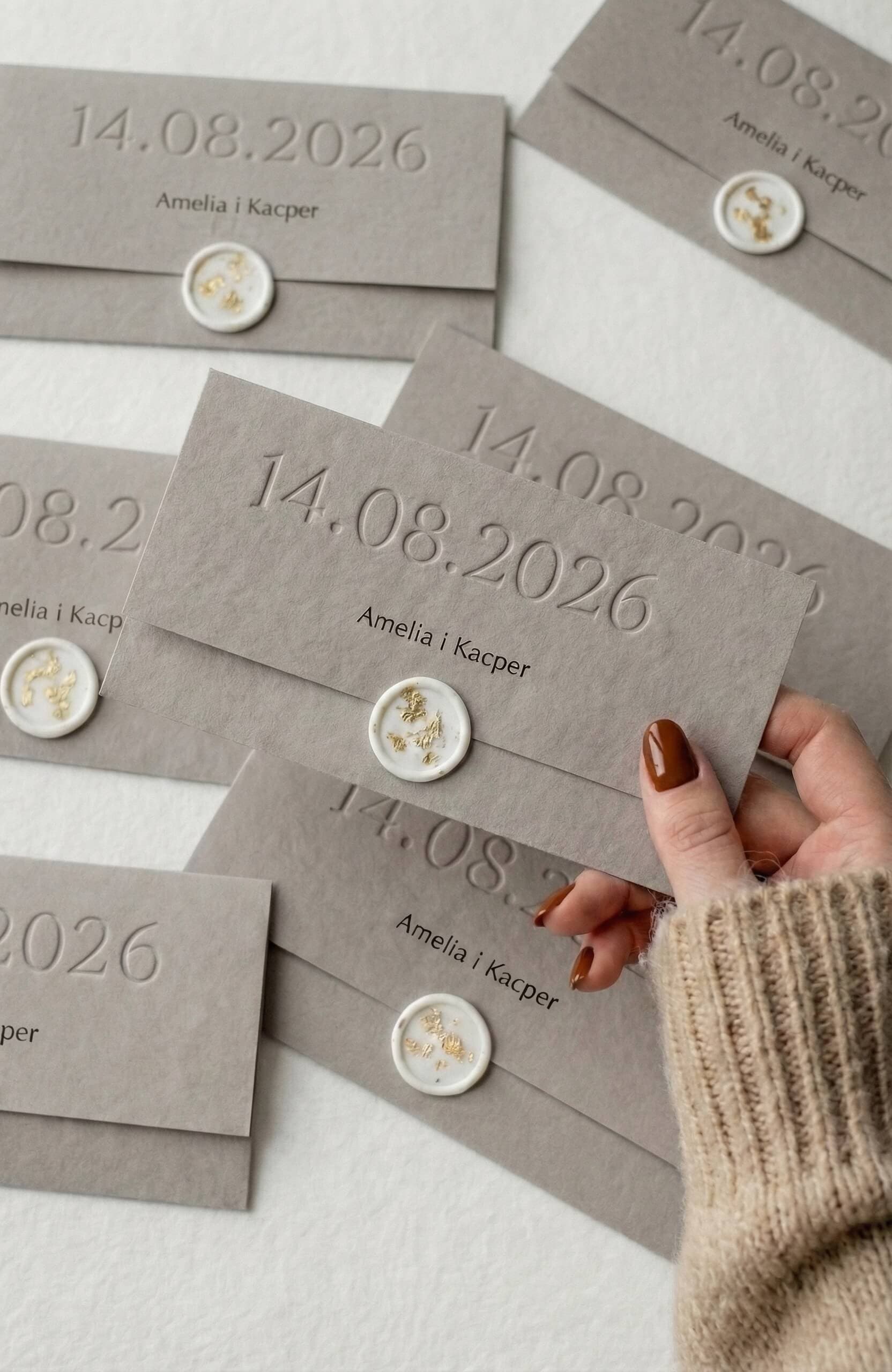 Tłoczone zaproszenia ślubne w stylu eko Gaja nr 3 Zaproszenia ślubne letterpress Gaja nr 3 beżowe z białą pieczęcią Amelia Wedding