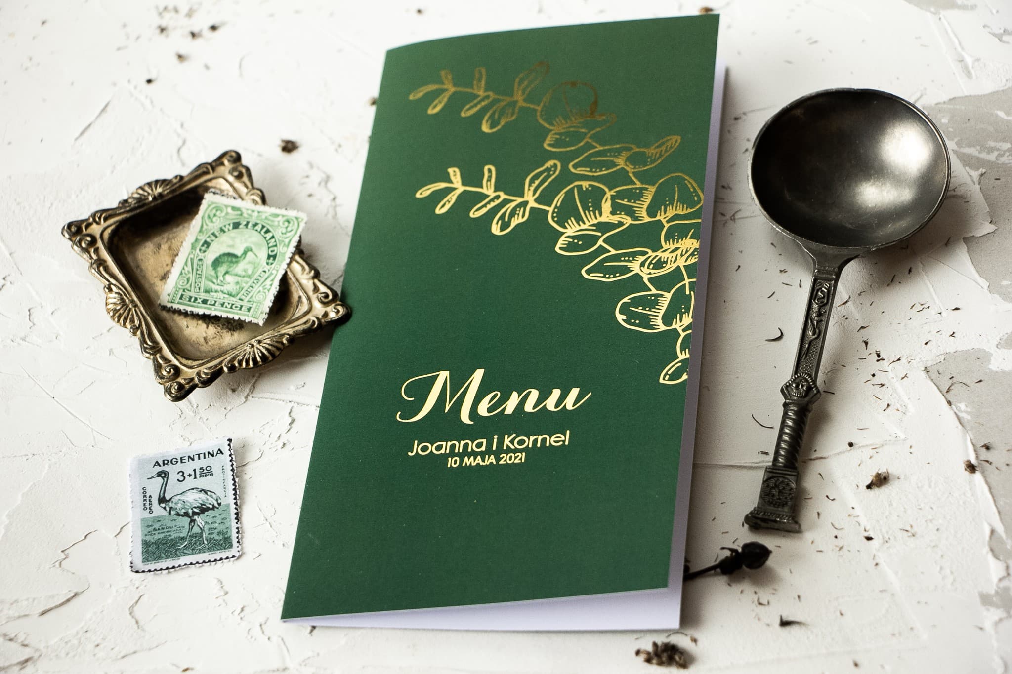 Menu Weselne Złocone Butelkowa Zieleń Eukaliptus | Eleganckie Menu na Stół Weselny | Pattern nr 2