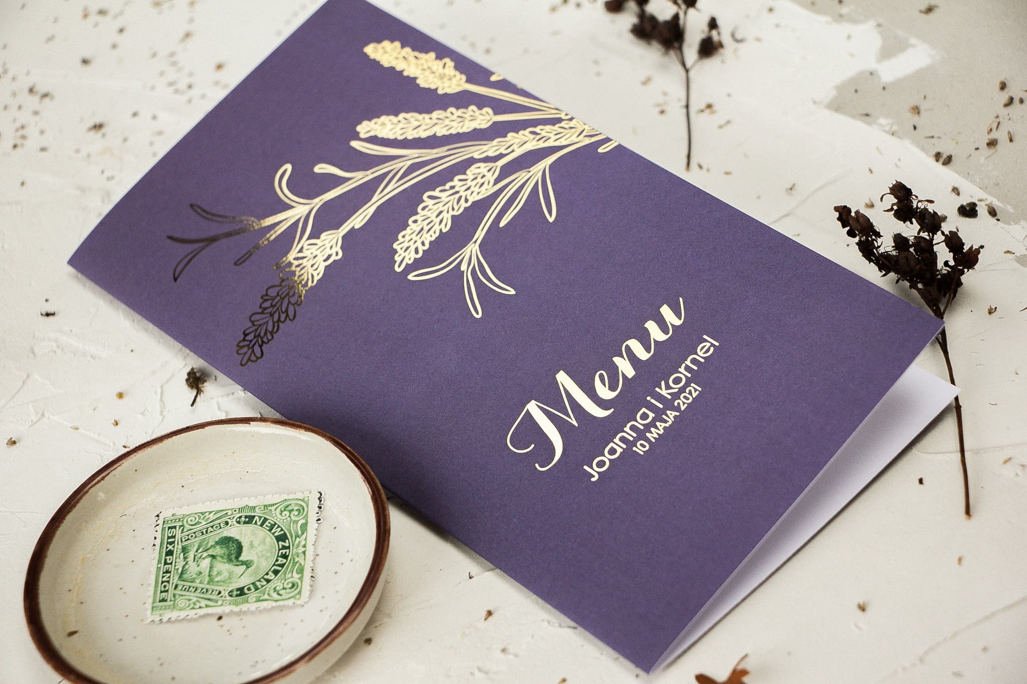 Eleganckie Menu Weselne Złocone z Lawendą | Karta Dań na Stół | Pattern nr 3