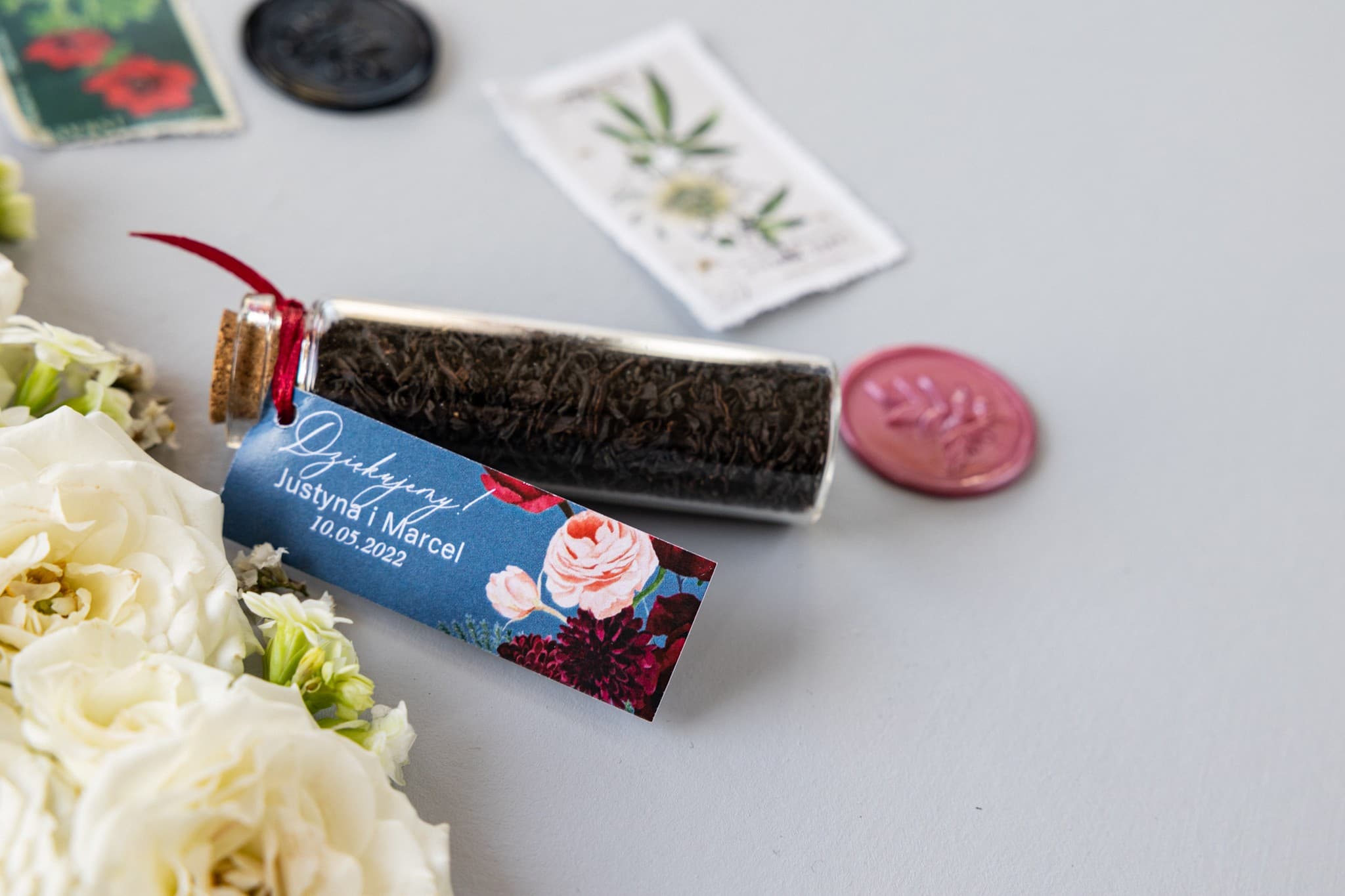 Buteleczka z Herbatą na Podziękowania dla Gości, Kwiaty Piwonie | Eleganckie Upominki Weselne | Soft nr 6