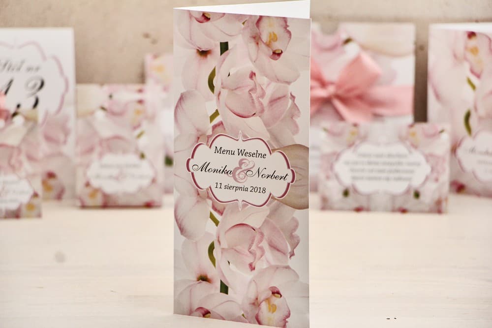 Eleganckie Menu Weselne Stojące z Motywem Różowej Orchidei | Karta Menu na Stół Weselny, Dodatki Ślubne | Felicja nr 6