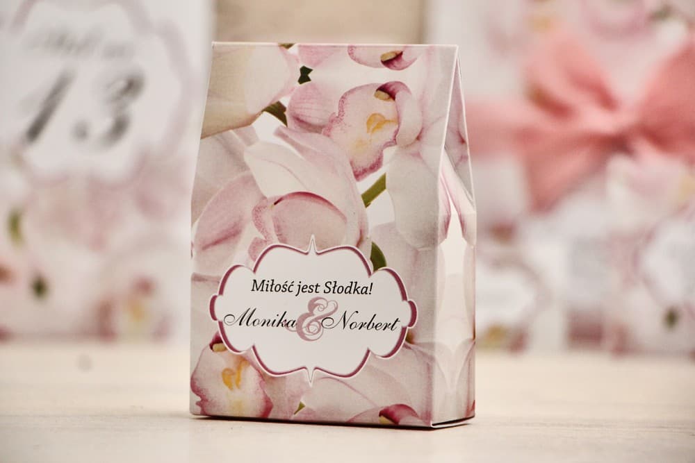 Pudełeczka ze słodyczami i grafiką różowej orchidei | Personalizowane podziękowania dla gości weselnych | Felicja nr 6