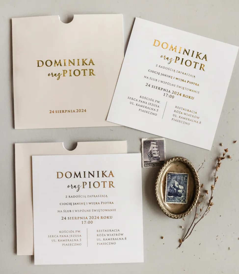 Zaproszenia ślubne w stylu glamour w kwadratowym etui złocone na kremowym papierze Mokait nr 3