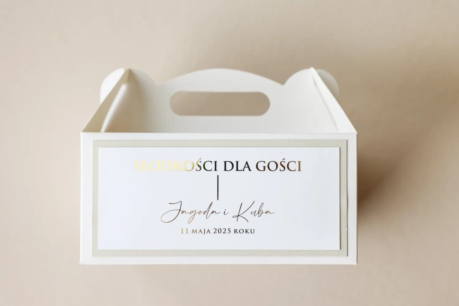 Eleganckie Pudełka na Ciasto Weselne ze Złoceniem i Rączką | Personalizowane Opakowania Ślubne | Avril nr 10