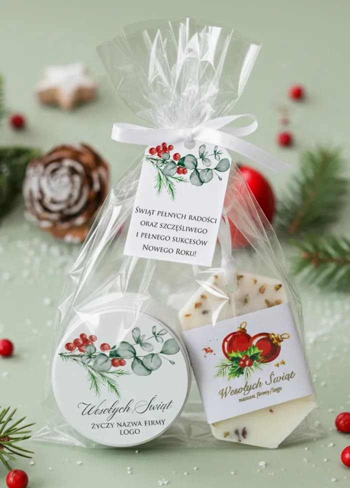 Elegancki zestaw upominkowy dla firm: świeca i zawieszka sojowa z logo | Personalizowane prezenty świąteczne dla klientów | FL10