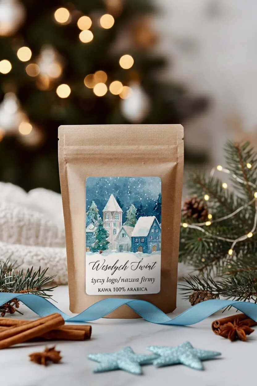 Personalizowana kawa 100% Arabica na prezent świąteczny | Kawa z własnym nadrukiem, etykieta zimowe miasteczko | KW7