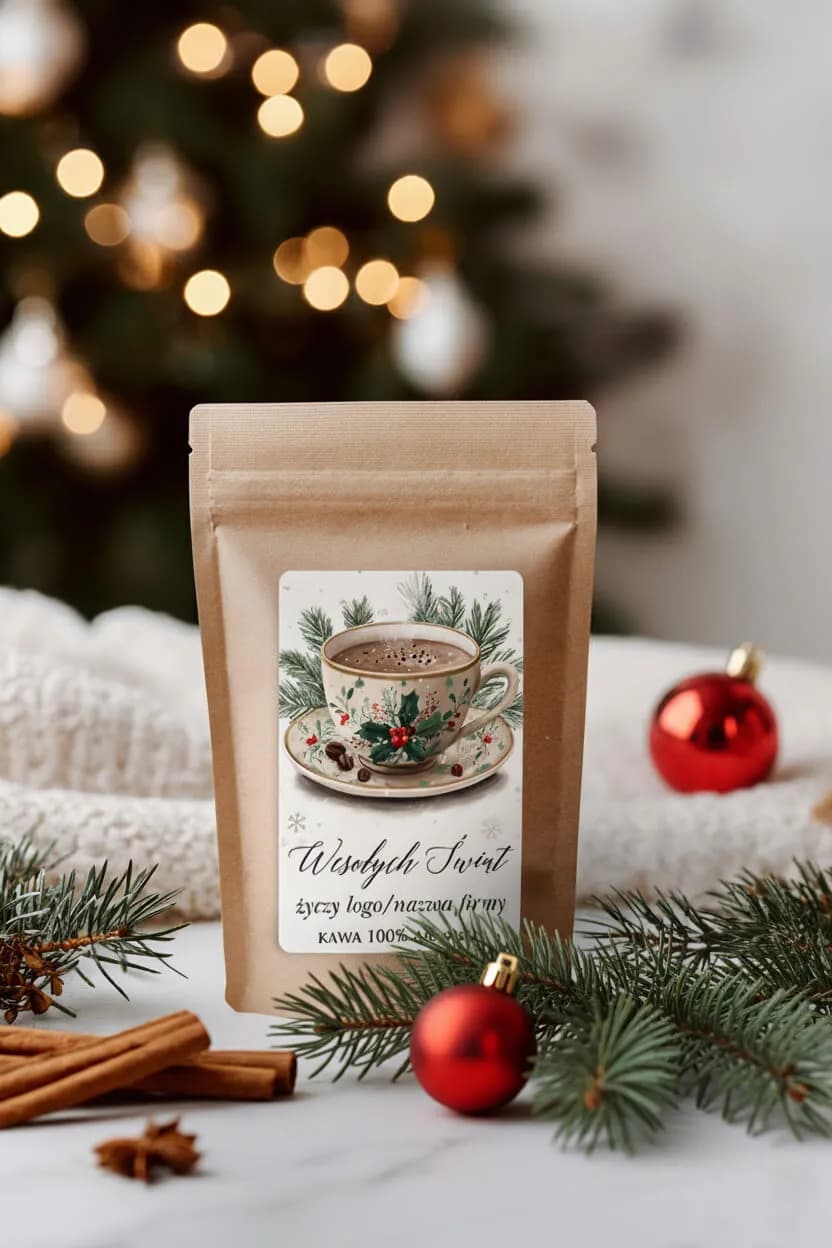 Firmowa Kawa Ziarnista 100g na Prezent Świąteczny, Etykieta z Filiżanką i Choinką | Upominki dla Kontrahentów z Logo | KW13
