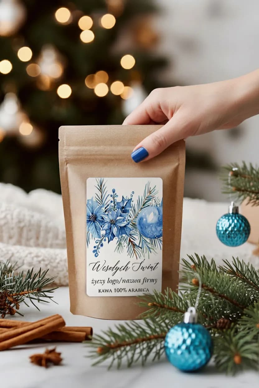 Kawa w torebce 100g z własnym logo na święta, zimowy wzór | Elegancki podarunek dla kontrahentów | KW17