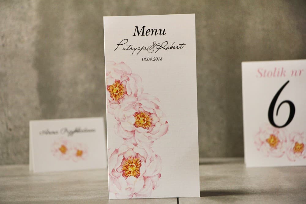 Menu Weselne z Motywem Różowej Peonii, Faktura Lnu | Eleganckie Karty Menu na Stół Weselny | Pistacjowe nr 4