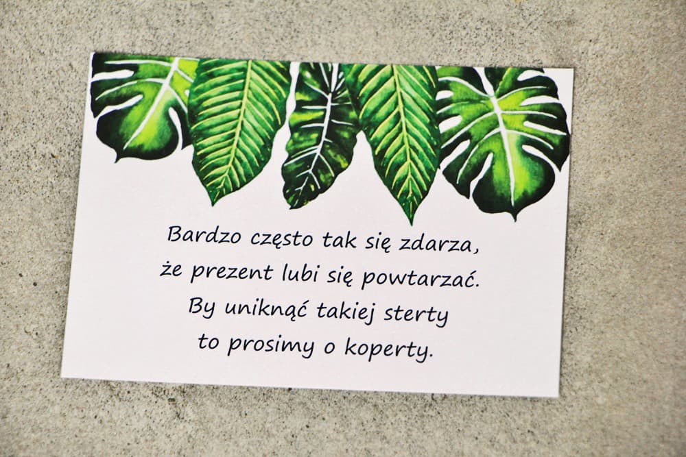 Bileciki do Zaproszeń Greenery Tropikalne Liście | Wkładki Ślubne z Prośbą o Pieniądze | Sorento nr 12