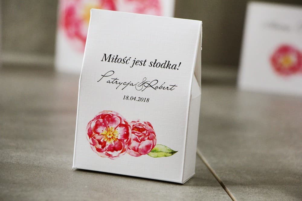 Eleganckie Pudełeczka z Piwoniami, Personalizowane Upominki ze Słodyczami | Podziękowania dla Gości Weselnych | Pistacjowe nr 6