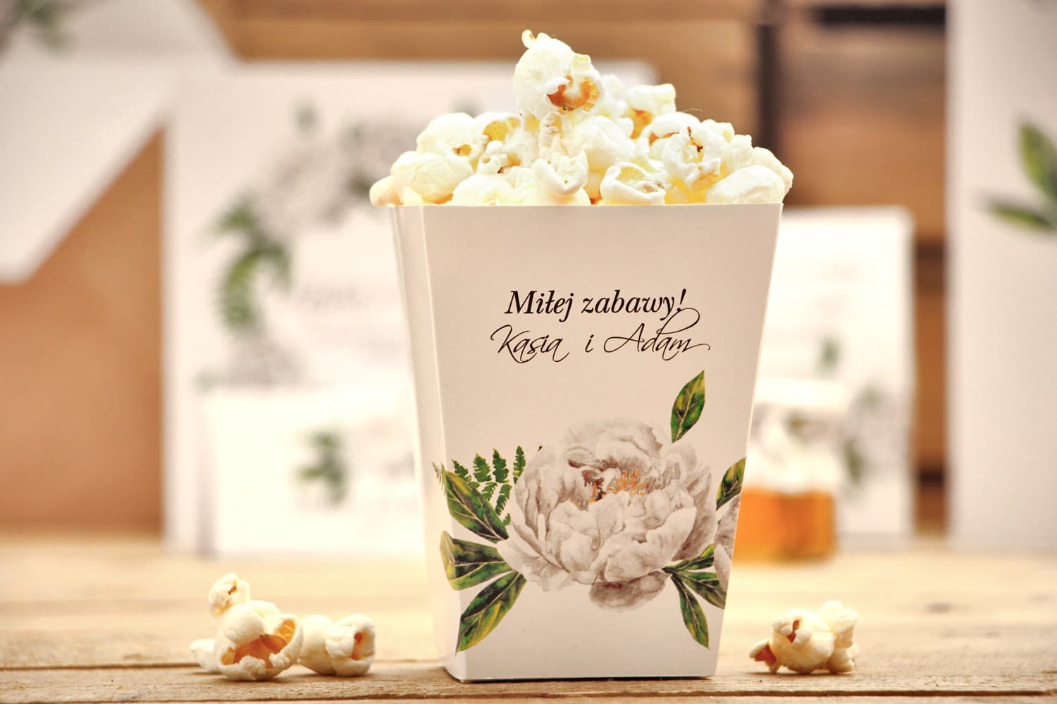Pudełko na Popcorn i Słodycze z Piwoniami | Podziękowania dla Gości Weselnych | Kalia nr 8