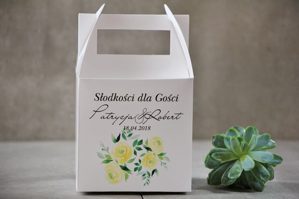 Pudełko na Ciasto z Personalizacją Żółte Róże | Opakowania na Podziękowania dla Gości Weselnych | Pistacjowe nr 9