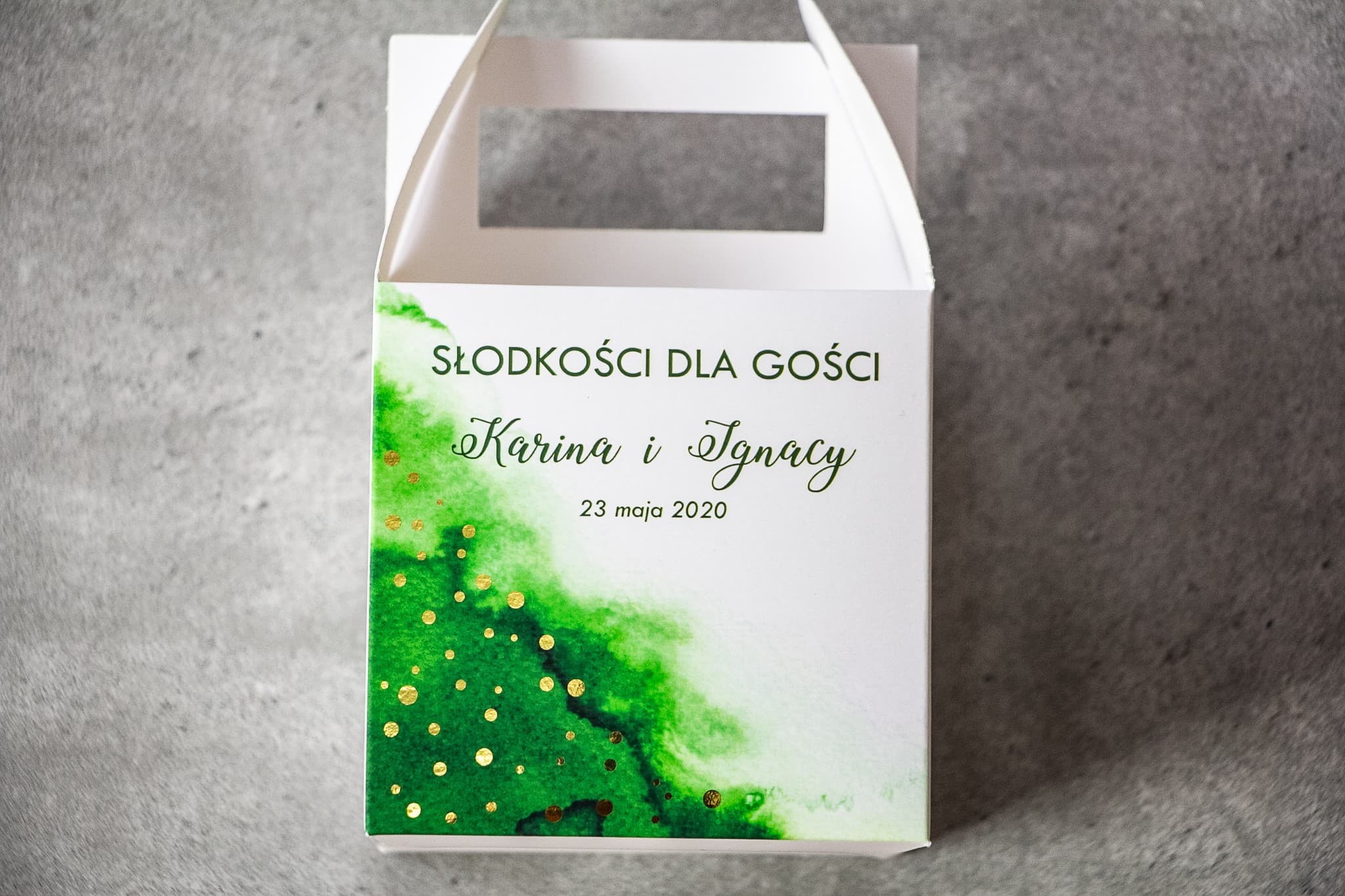 Pudełka na Ciasto Weselne Zielone Złocone | Eleganckie Opakowania z Personalizacją i Uchwytem | Bakarto nr 4