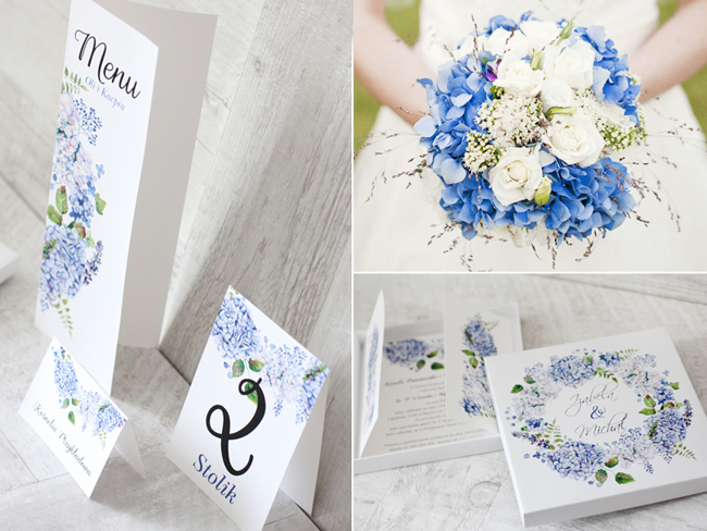 Zaproszenia i dodatki weselne z pięknym kwiatem hortensji od Amelia-Wedding.pl